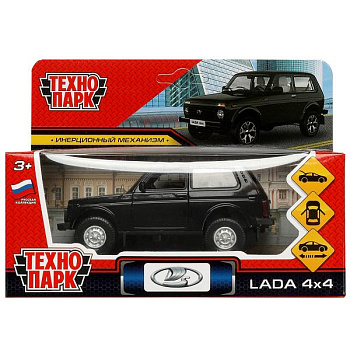 Машина Технопарк металл. Lada 4x4 (12см) двери, багаж, инерц, черный в/к LADA4X4-BK