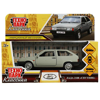 Машина Технопарк металл. Lada-2108 Спутник серебро (12см) откр.дв,багаж,инерц,в/