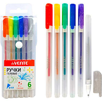 Набор гел. ручек  6цв. deVENTE "Hit Glitte" 5051376 с блёстк.,1мм,прозрачн.мат.к
