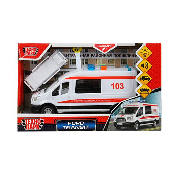 Машина Технопарк пласт. Ford Transit Скорая (16см) свет,звук,дв,3кноп,в/к TRANSITVAN-16PLAMB-WH 