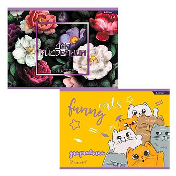 Альбом для рис.12л. ALINGAR "Funny cats and flowers.Микс" AL10757 (AL9965,AL9966) на скобе,мел.карт