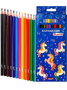 Карандаши пластик. 12цв. Проф-Пресс Profit "Единороги" КЦ-2624 шестигр.,2М,гриф.d=2,8мм,к/к