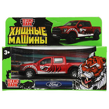 Машина Технопарк металл. Ford F150 Raptor Хищники красный (12см) дв,баг,инер,в/к F150RAP-12PRE-RD