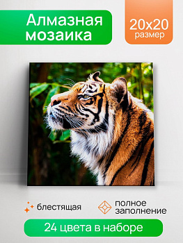 Алмазная мозаика блестящая (20х20см) с подр,полн.зап. (24цв) Профиль тигра НД-0915