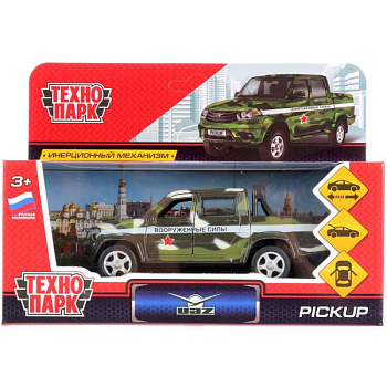Машина Технопарк металл. UAZ Pickup Военный (12см) дв,инер,в/к PICKUP-MIL