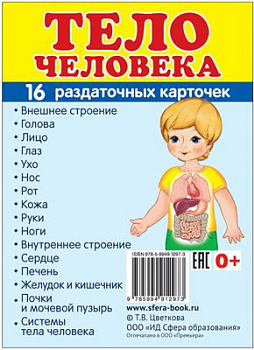 Учеб-мет пособие Тело человека, 16 раздаточных карточек с текстом (63х87мм) 978-