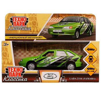 Машина Технопарк металл. Lada-2114 Samara Спорт зелёный (12см) дв,багаж,инер.в/к 2114-12SRT-GN
